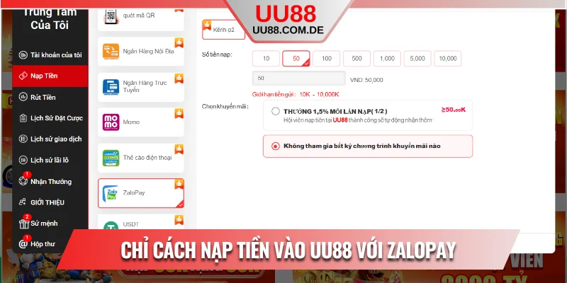 Chỉ cách nạp tiền vào UU88 với ZaloPay